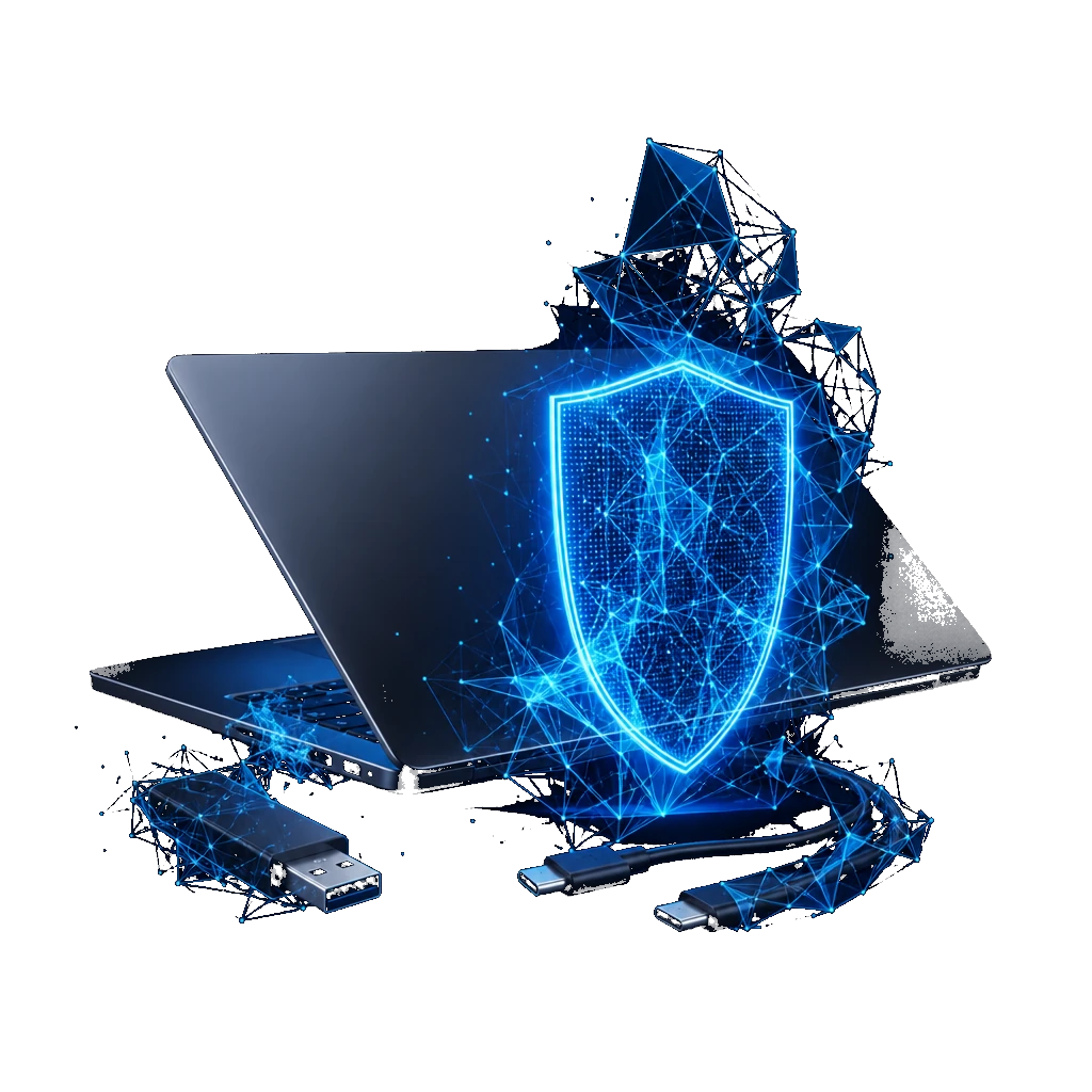 Laptop and USB devices protected by a glowing digital shield